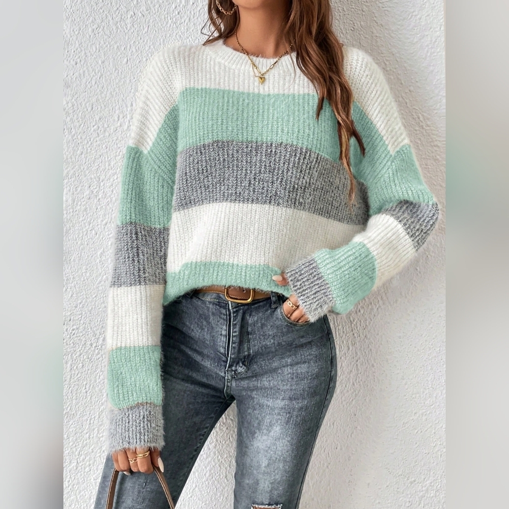 Women's Striped Drop Shoulder Long Sleeve Sweater Pullover